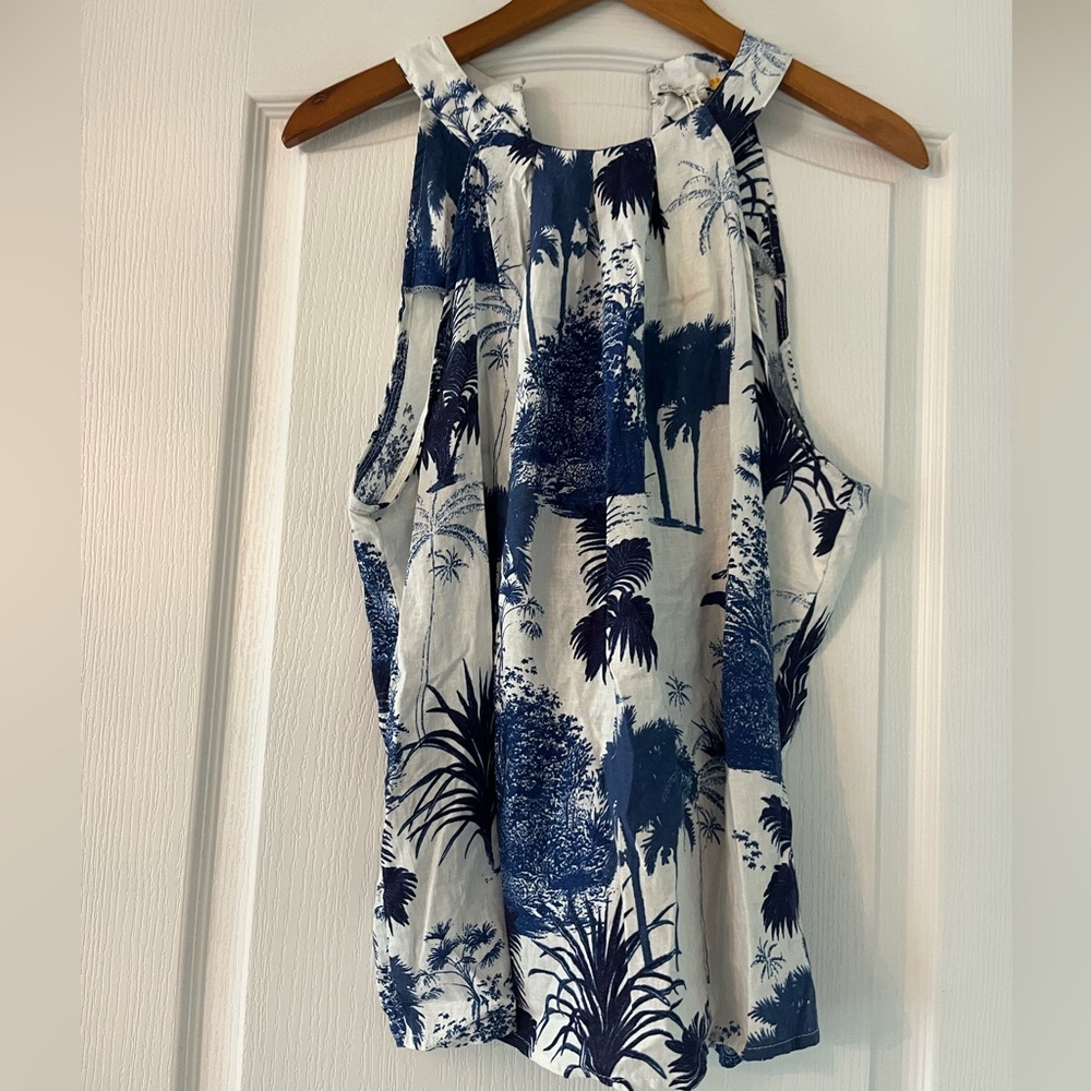 C&C Califonia Blue Palm Linen Halter Tank Blouse, New with Tags, L